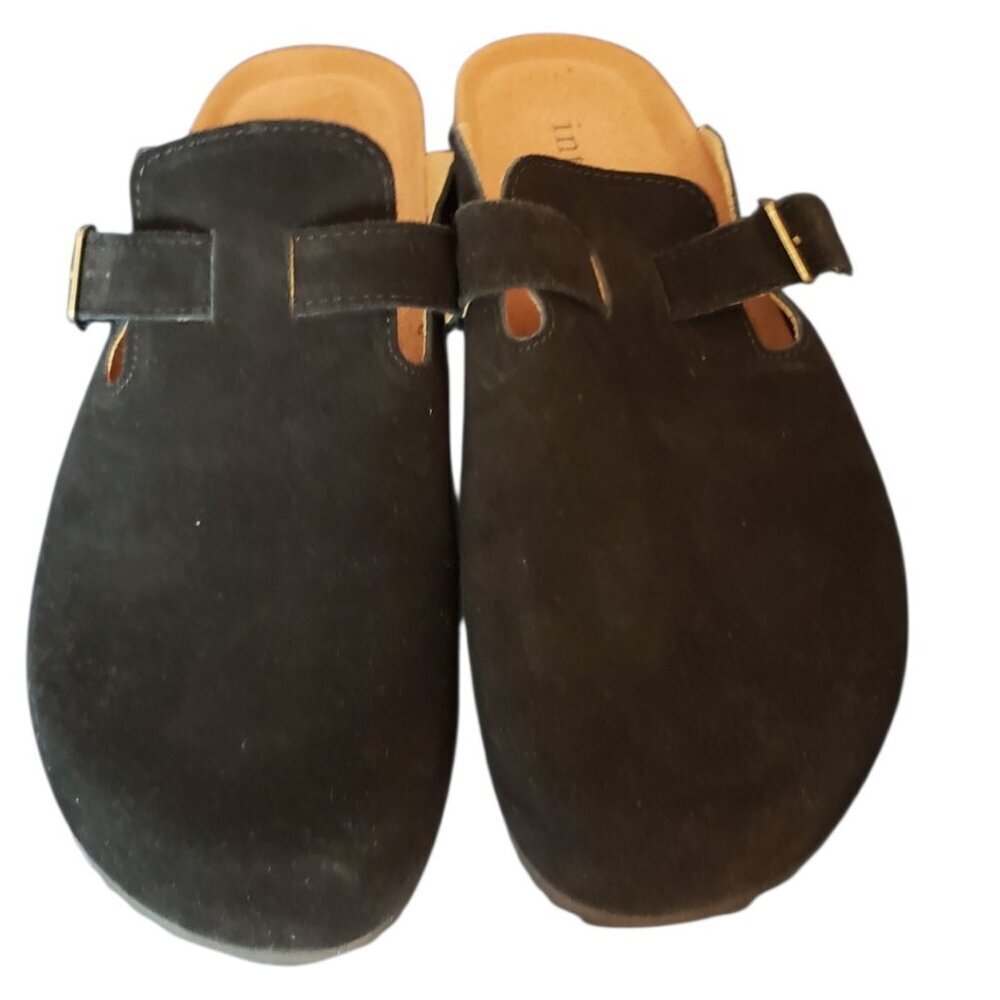 Intini Suede Slip-On Clogs W/Adjustable Buckle Strap & Cork Sole Blk Size 43/10 - Picture 2 of 10